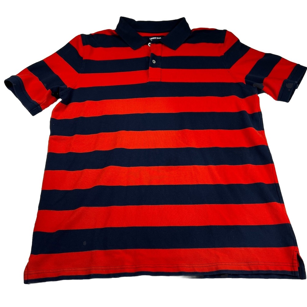 Lands' End Men L Tall Polo Shirt Red Navy Striped Golf Nautical Dark Prep Sporty - Picture 2 of 12
